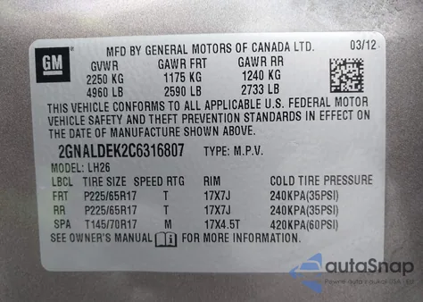 2012 Chevrolet Equinox 1Lt из США, поврежденный, VIN 2GNALDEK2C6316807